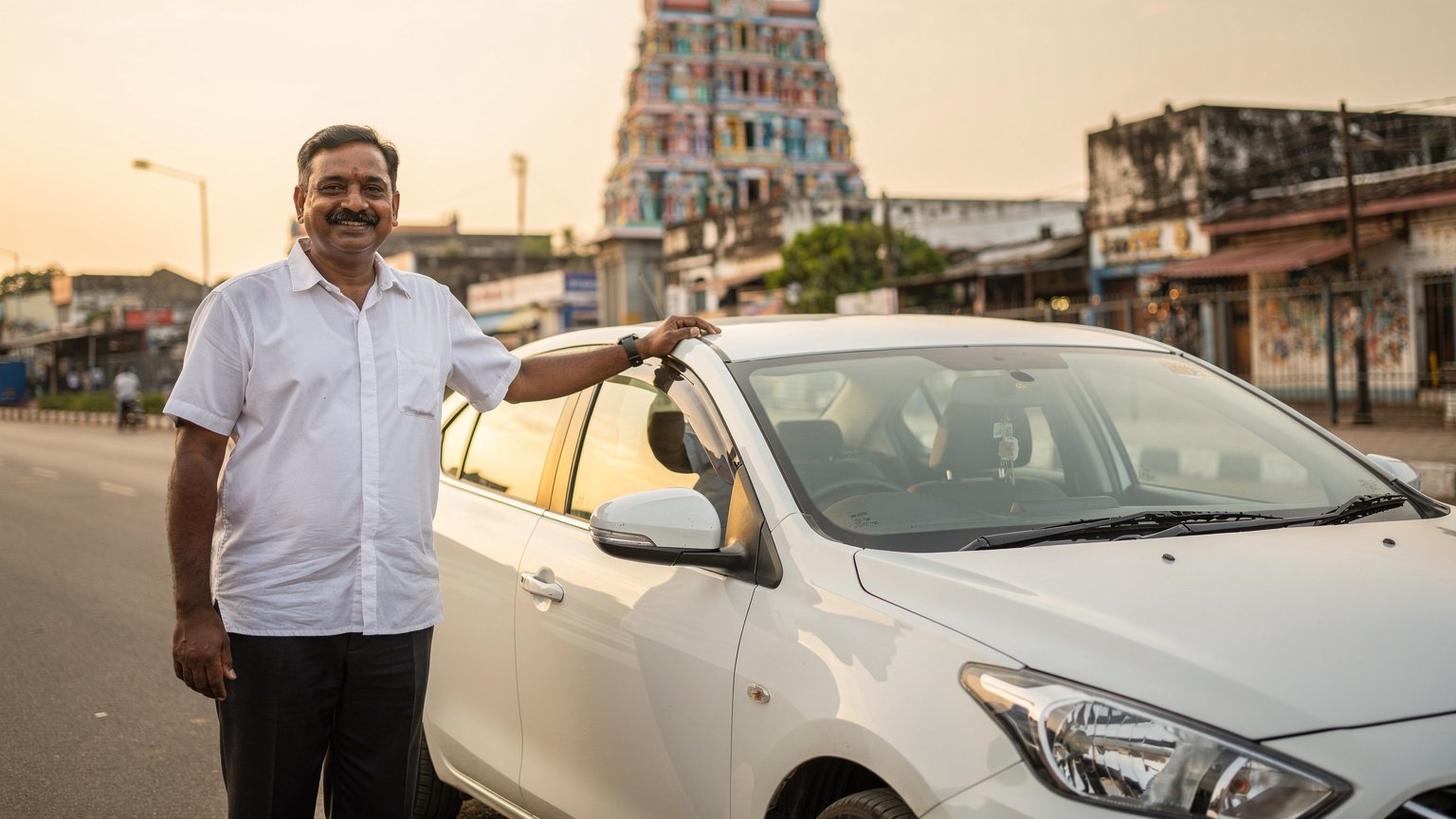 Taxi driver beside a white sedan on a Madurai street (illustrative image)