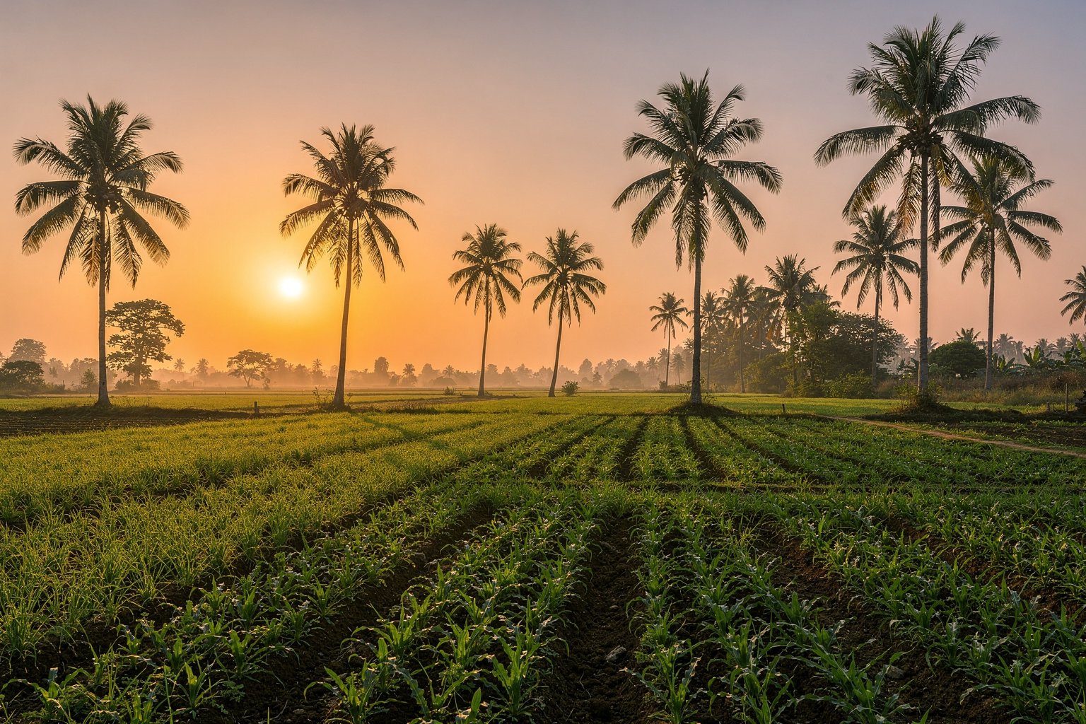 Farmland and palms under a warm sunset in southern India (illustrative image)