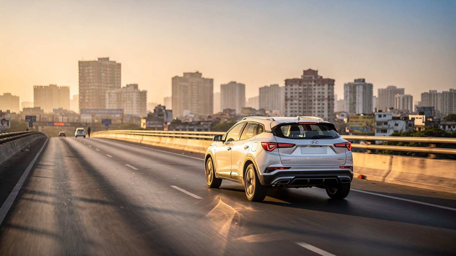 White SUV leaving a city over a flyover at golden hour (illustrative image)