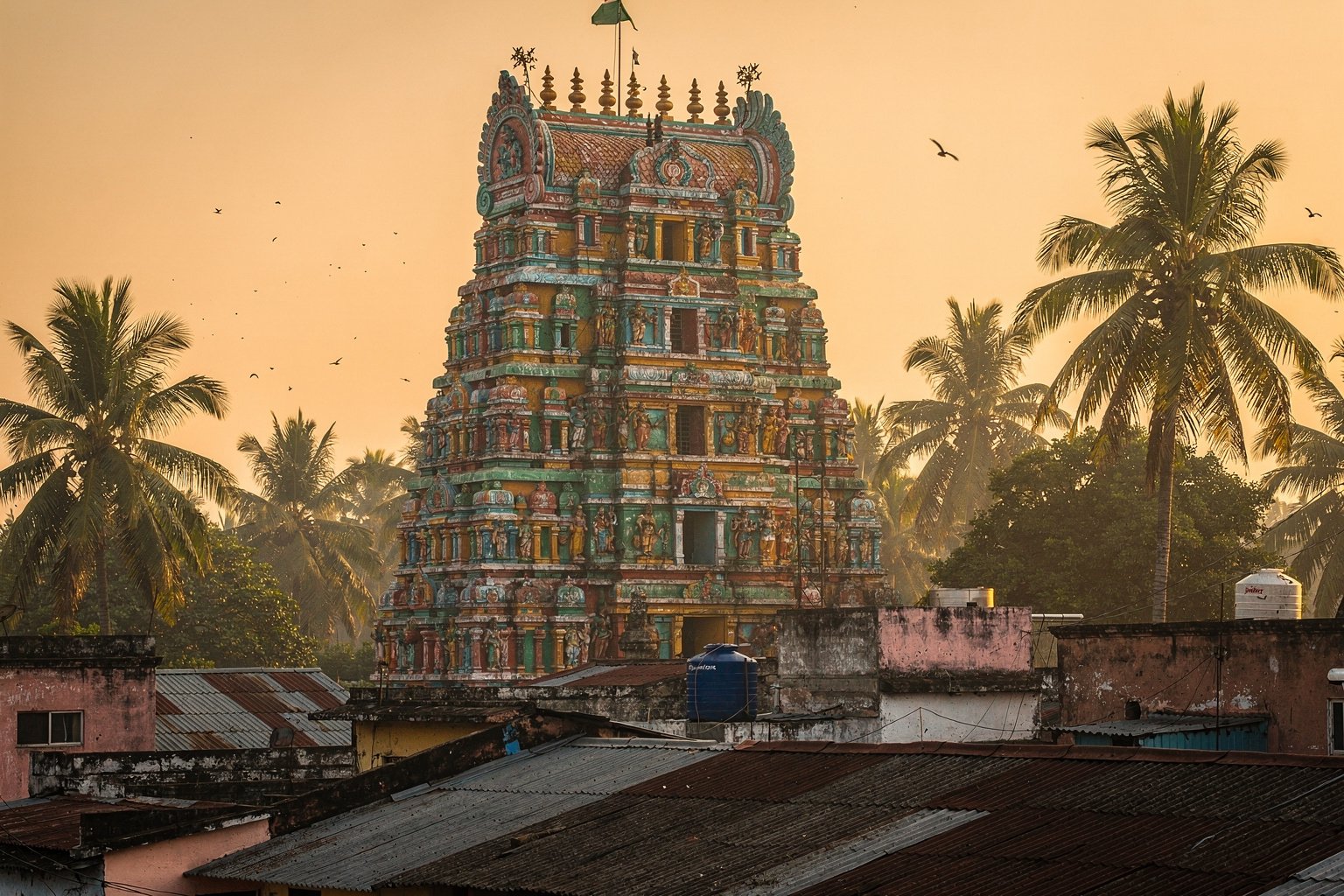 Temple gopuram at sunrise above rooftops (illustrative image)