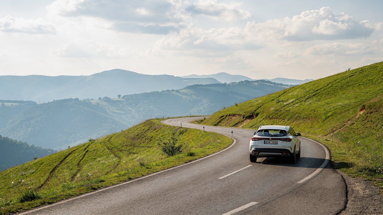 Winding hill road with a small white SUV (illustrative image)
