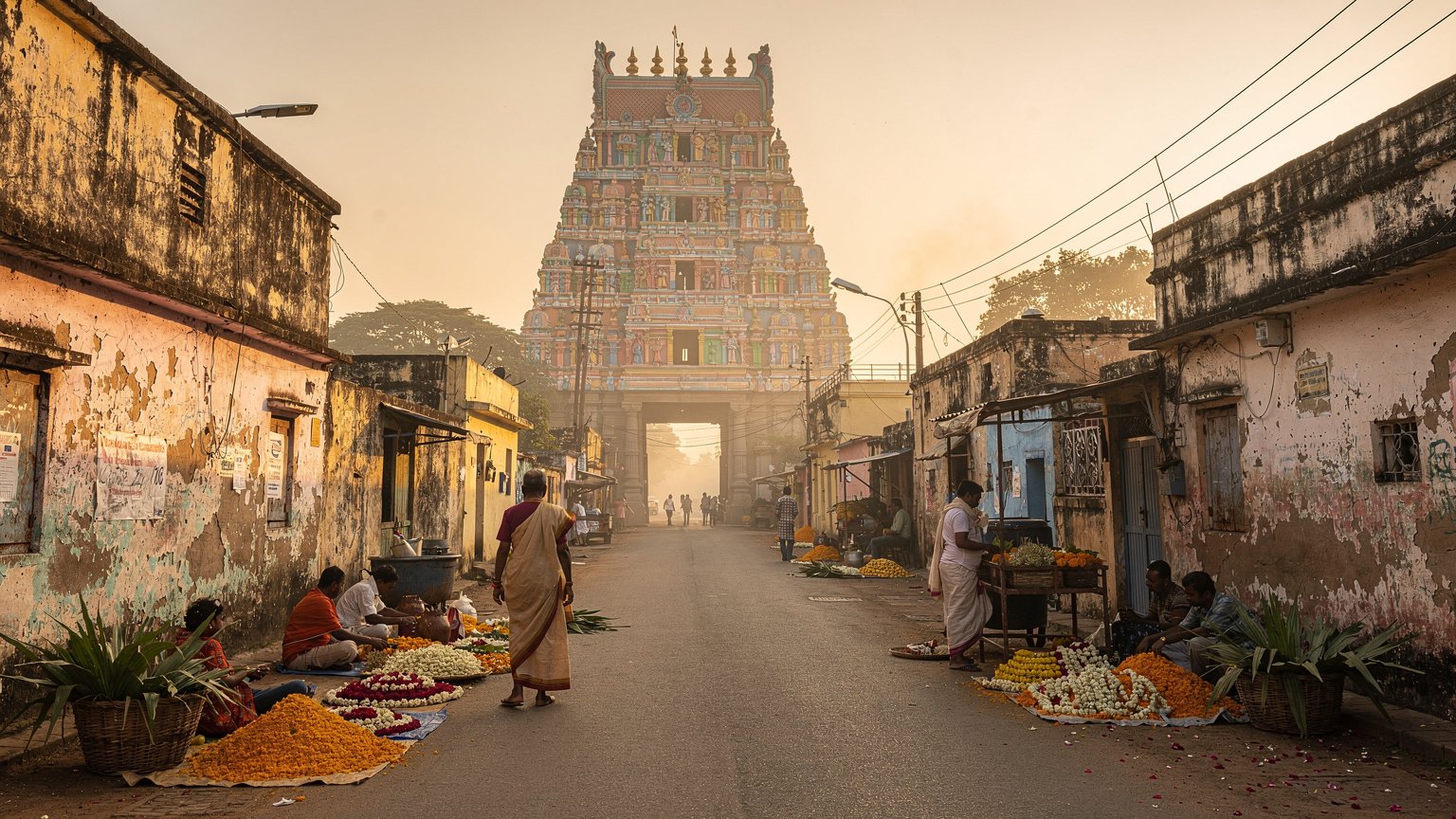 Early morning street beneath a temple tower in a South Indian city (illustrative image)