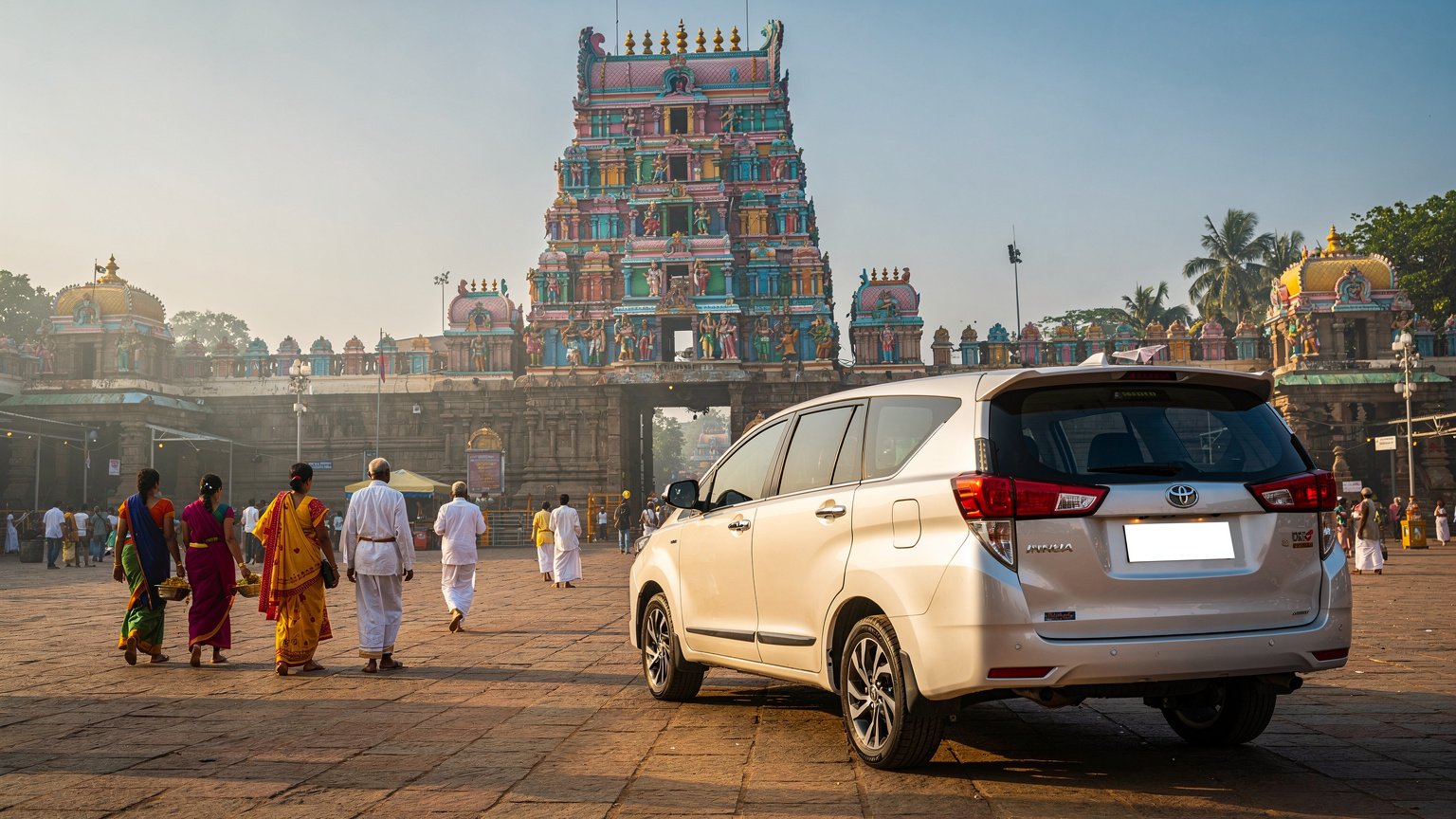 White MPV taxi at a temple forecourt with pilgrims (illustrative image)