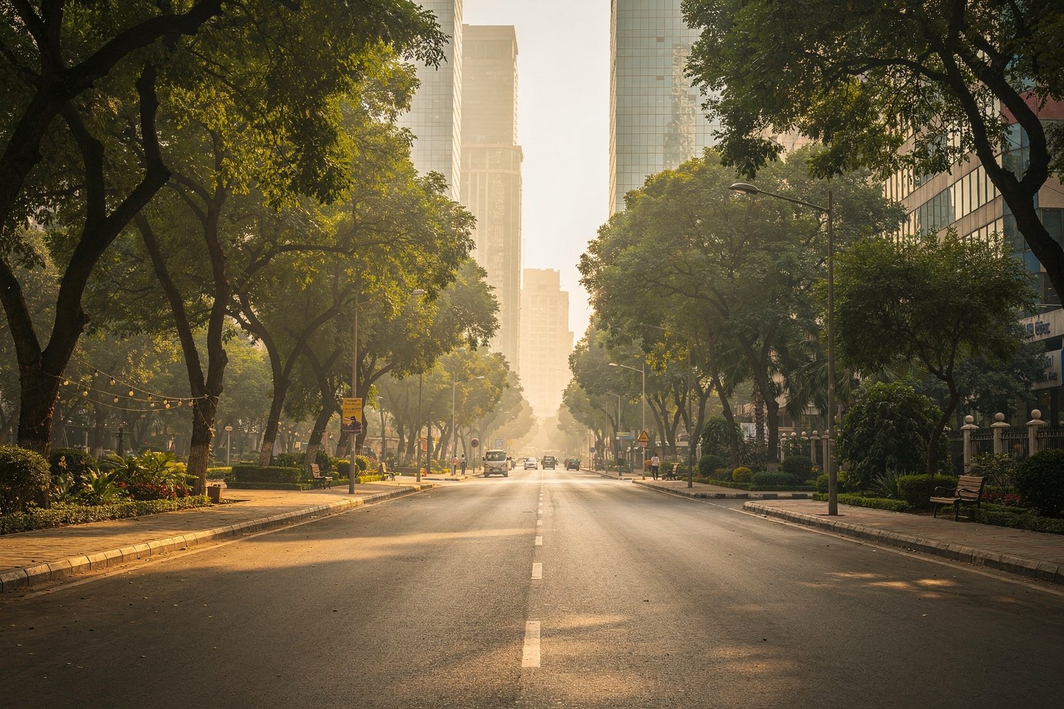 Tree-lined boulevard in a modern Indian city (illustrative image)