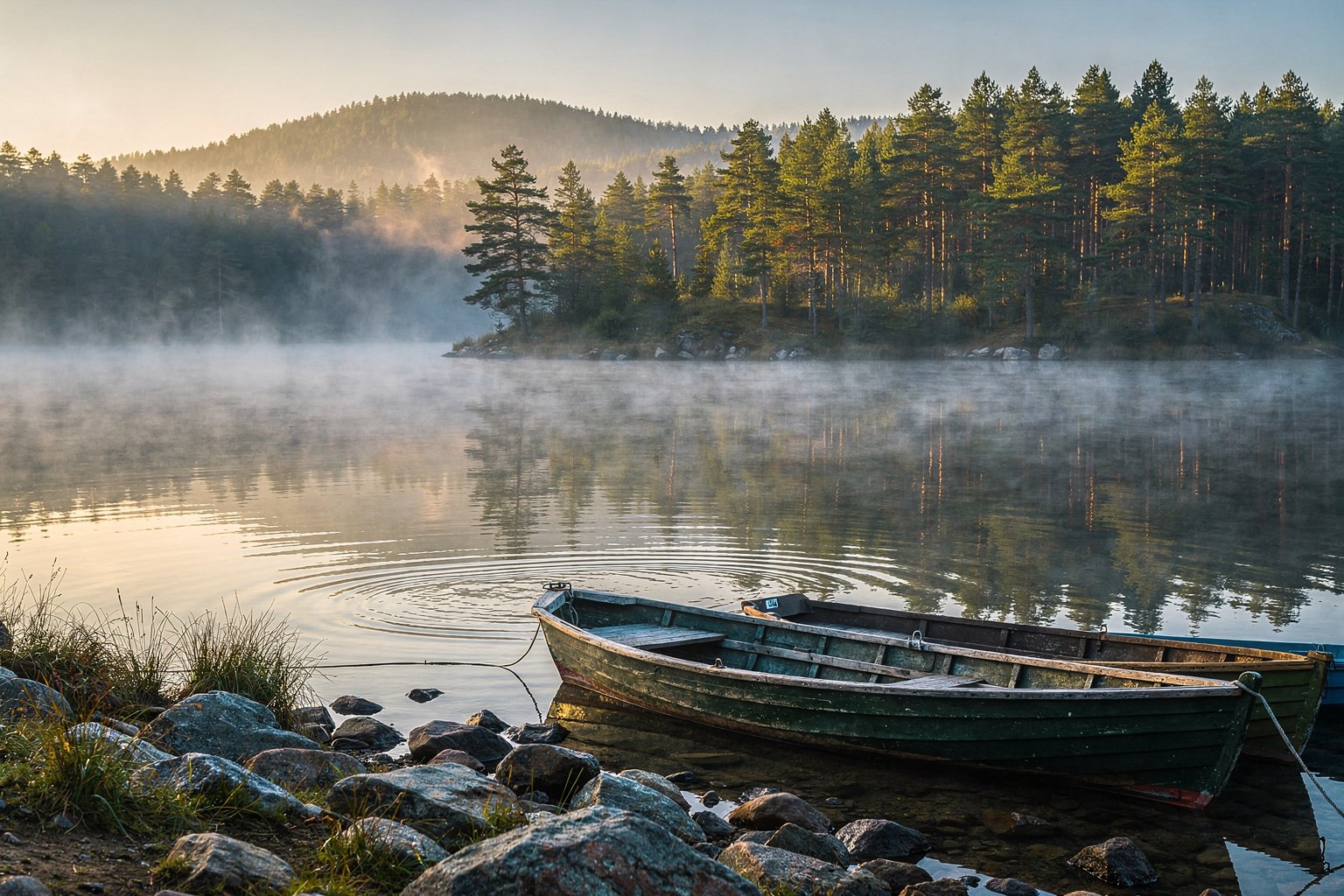 Calm hill lake surrounded by pine forest in morning mist (illustrative image)