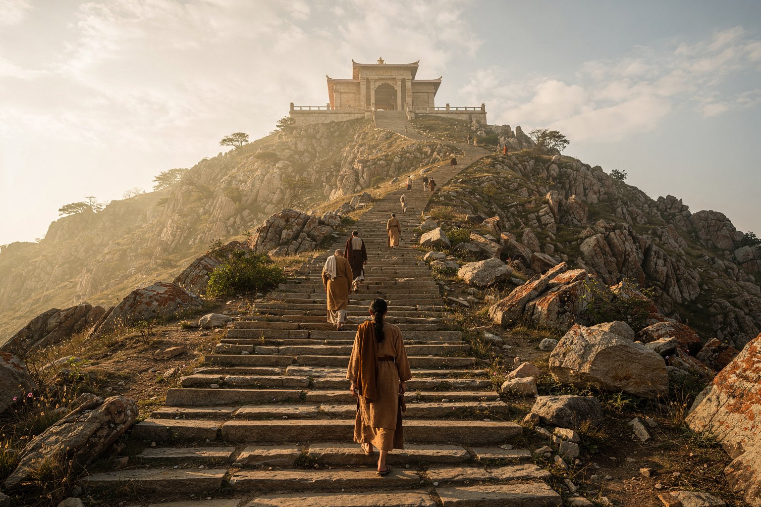 Stone steps climbing a hill toward a temple (illustrative image)