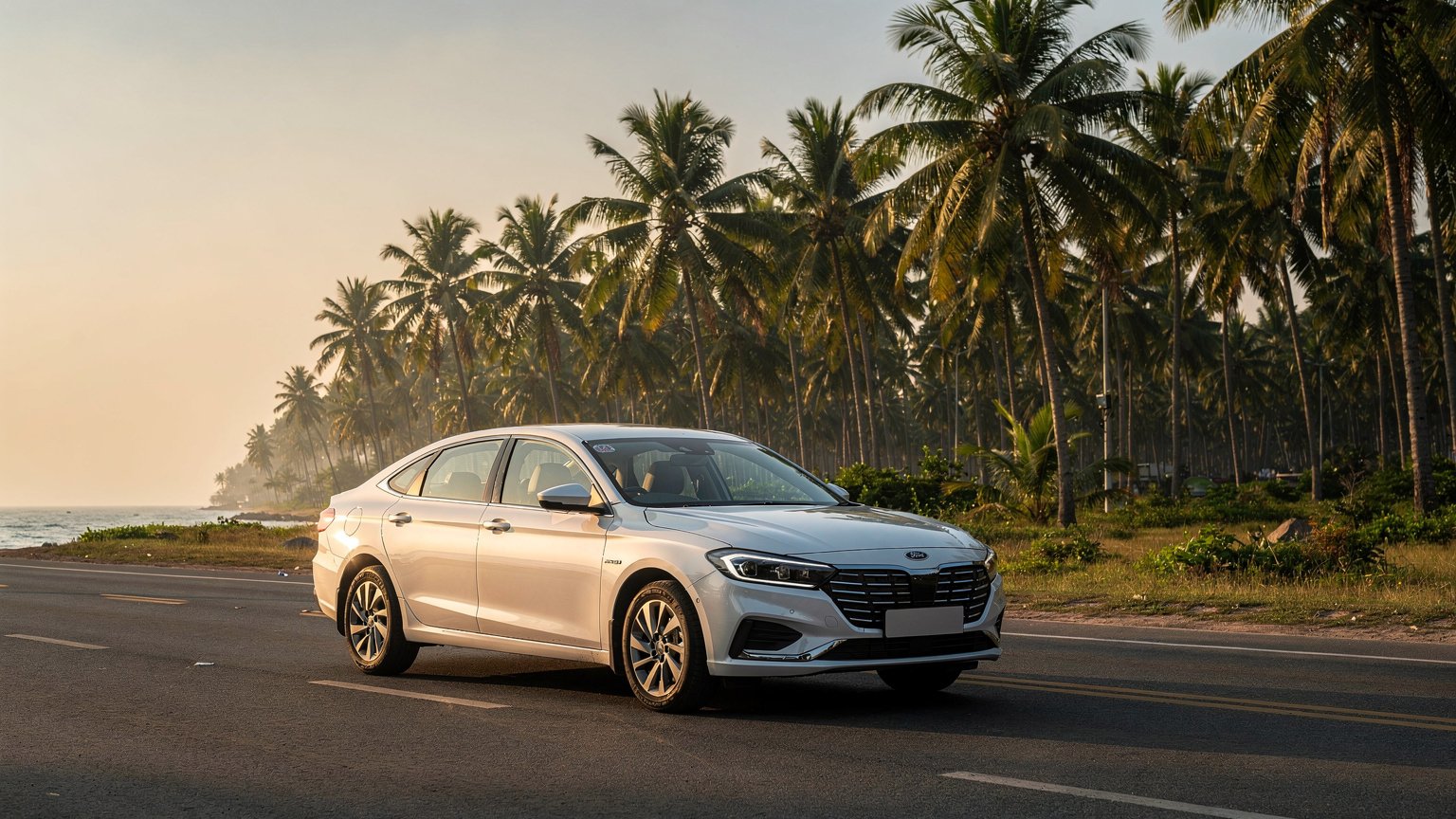 White sedan on a palm-lined coastal road (illustrative image)