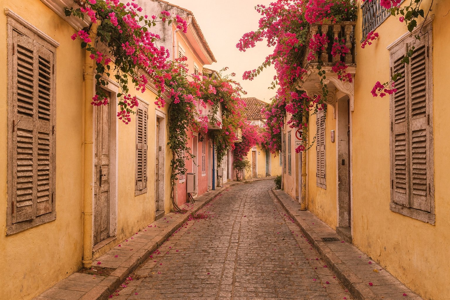 Colonial-style street with bougainvillea (illustrative image)