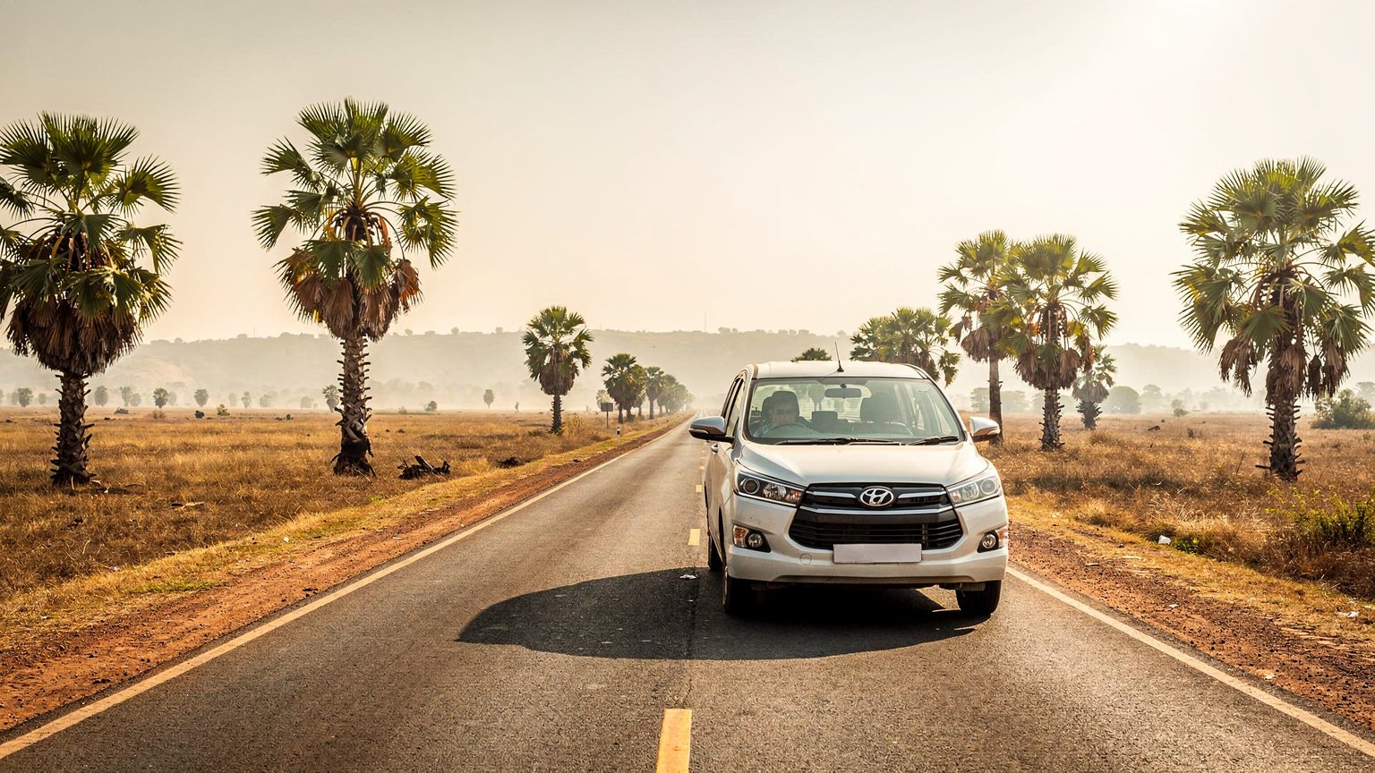 White MPV taxi on a road through dry plains with palmyra palms (illustrative image)