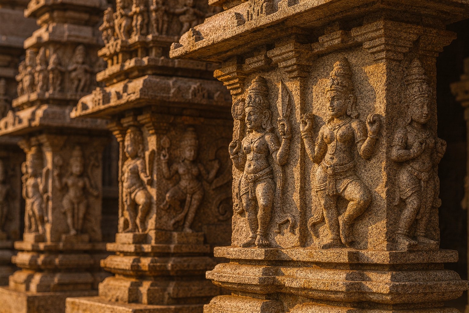 Carved granite wall of an ancient South Indian temple (illustrative image)