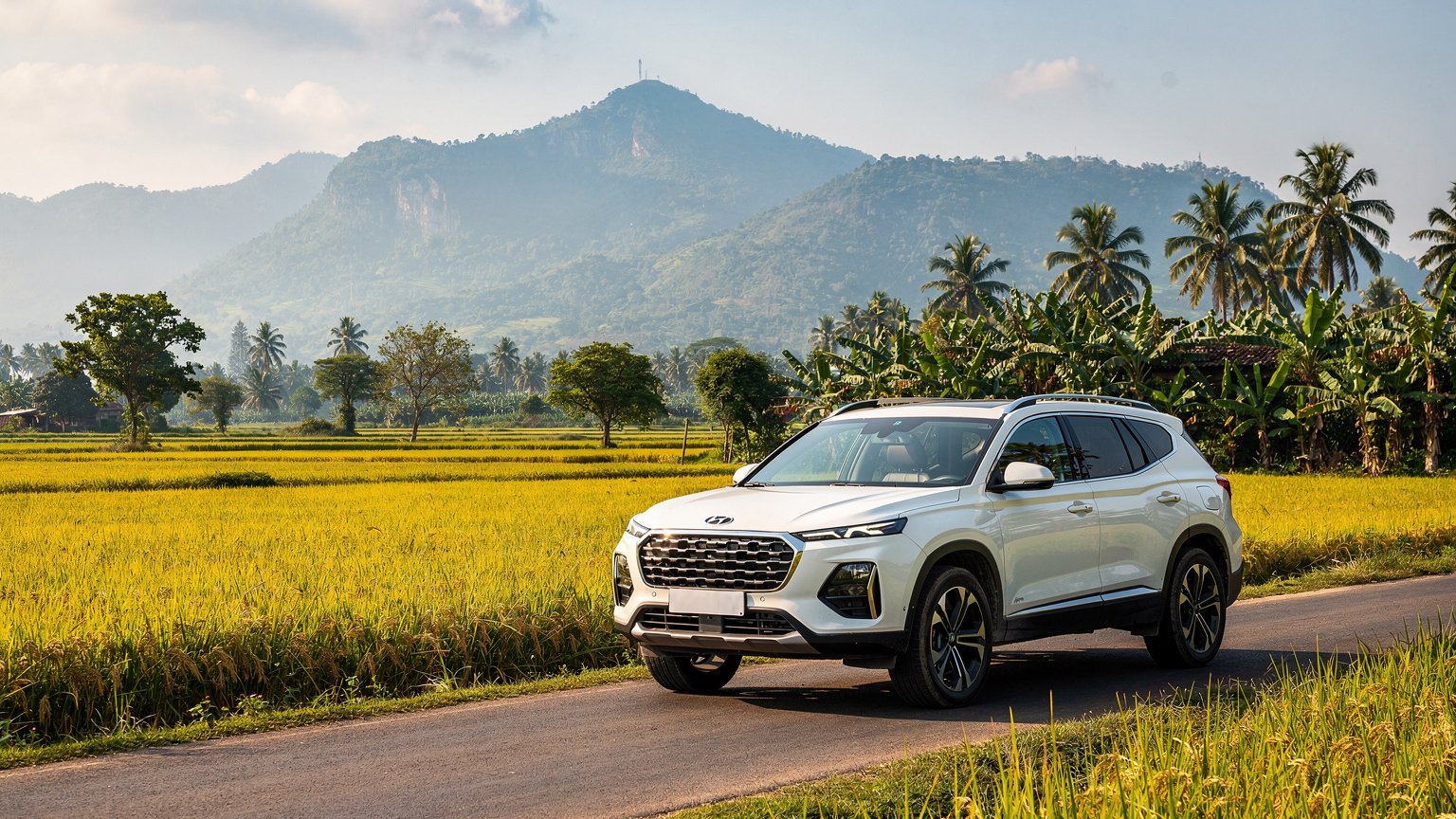 White SUV on a country road with the Western Ghats behind (illustrative image)