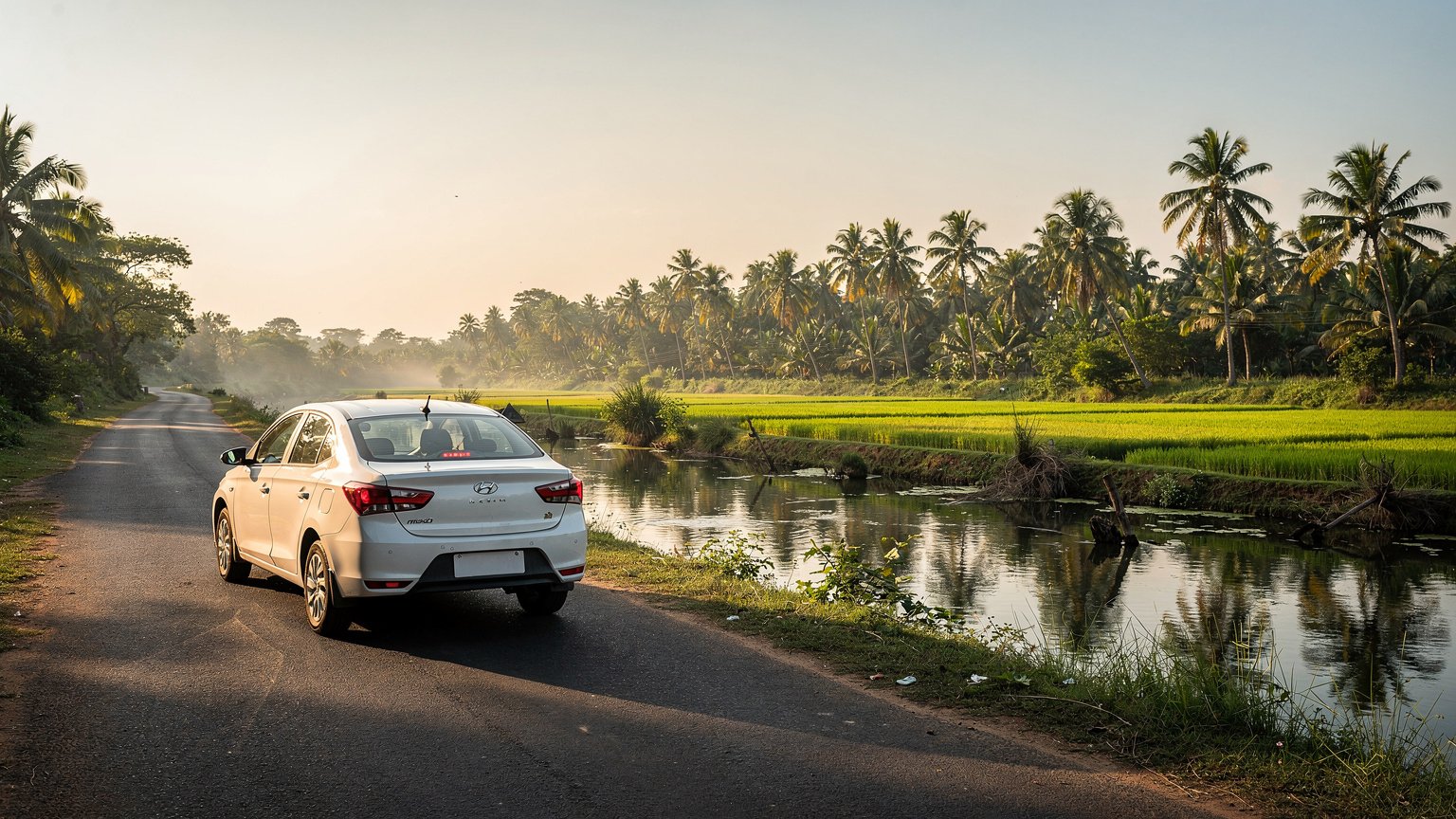 White sedan beside a river and paddy fields in southern Tamil Nadu (illustrative image)