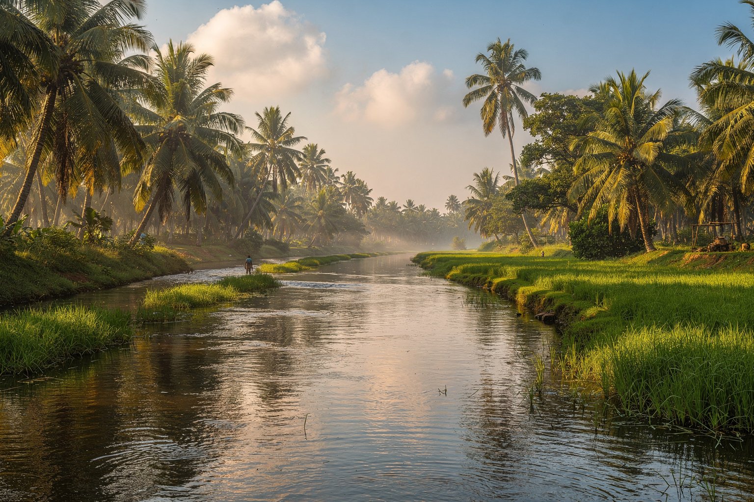River, palms and paddy fields in southern Tamil Nadu (illustrative image)
