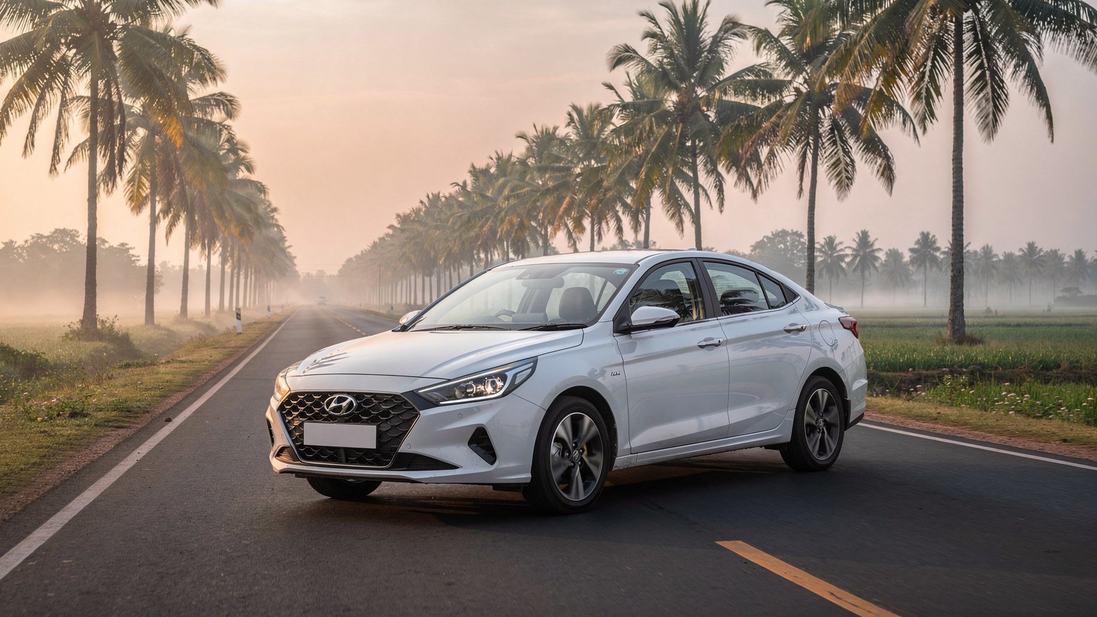 White sedan on a country road at dawn in Tamil Nadu (illustrative image)
