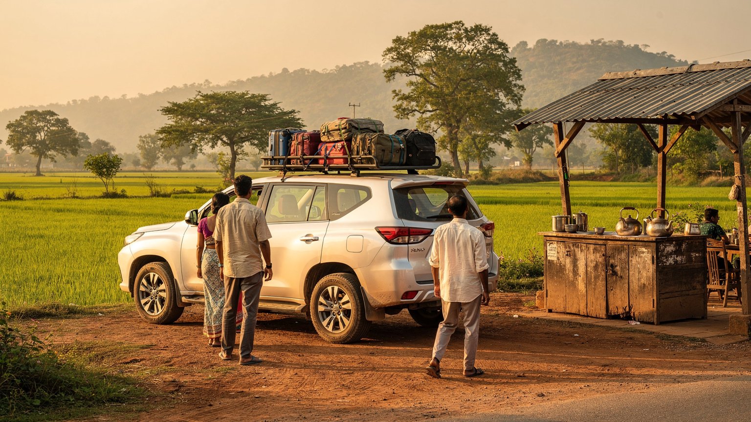White SUV at a roadside stop with travellers in the Tamil Nadu countryside (illustrative image)