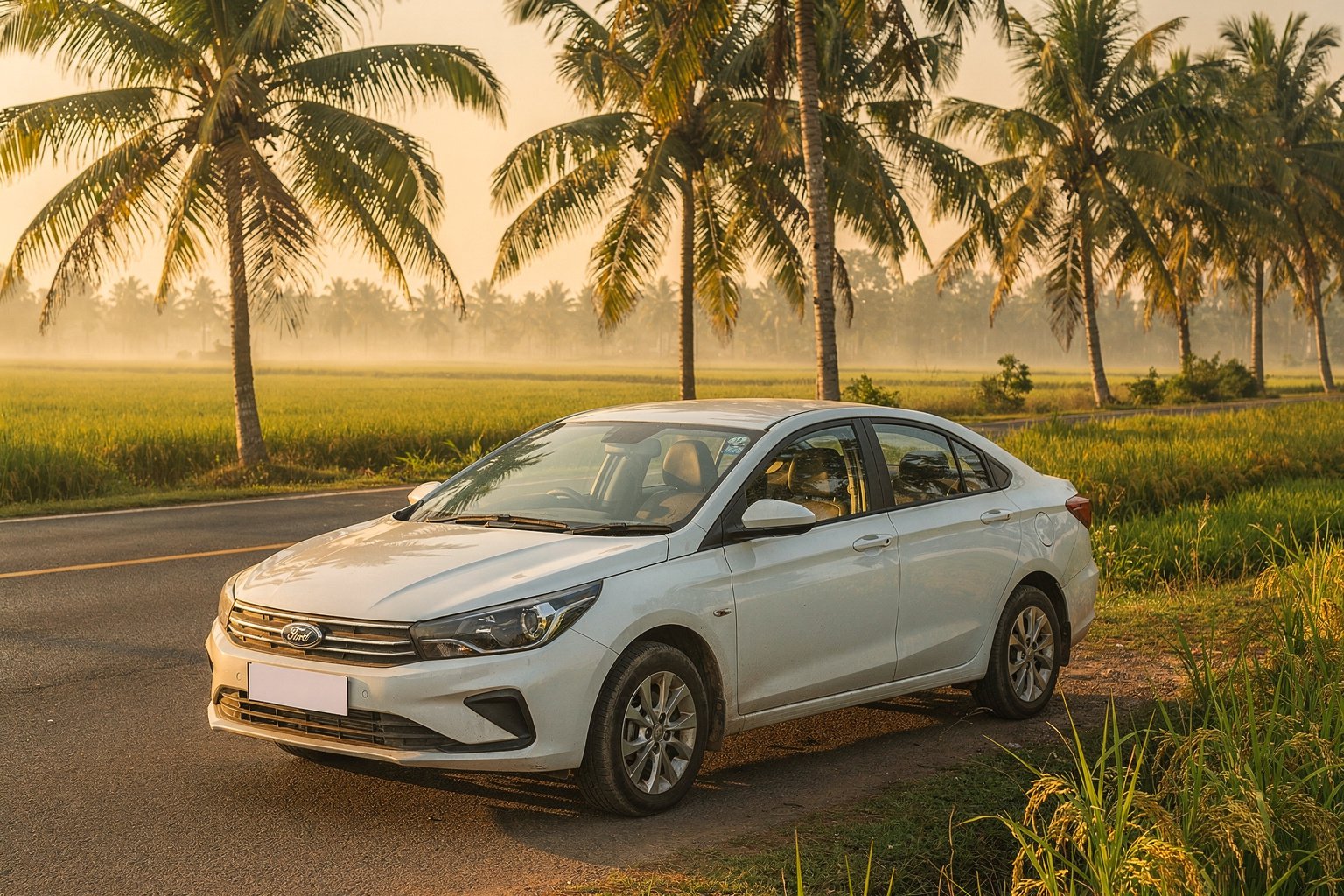 White sedan parked on a quiet palm-lined country road at sunrise (illustrative image)