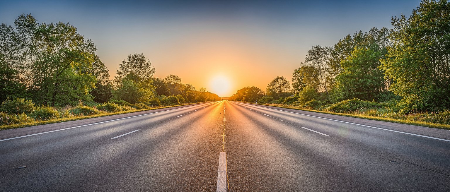 Quiet open highway at golden hour (illustrative image)