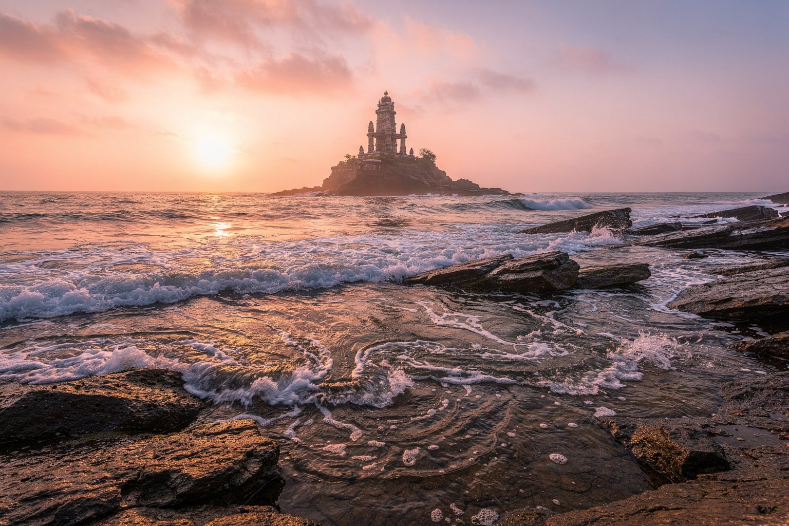 Sunrise over the sea at the southern tip of India with a rocky shore (illustrative image)