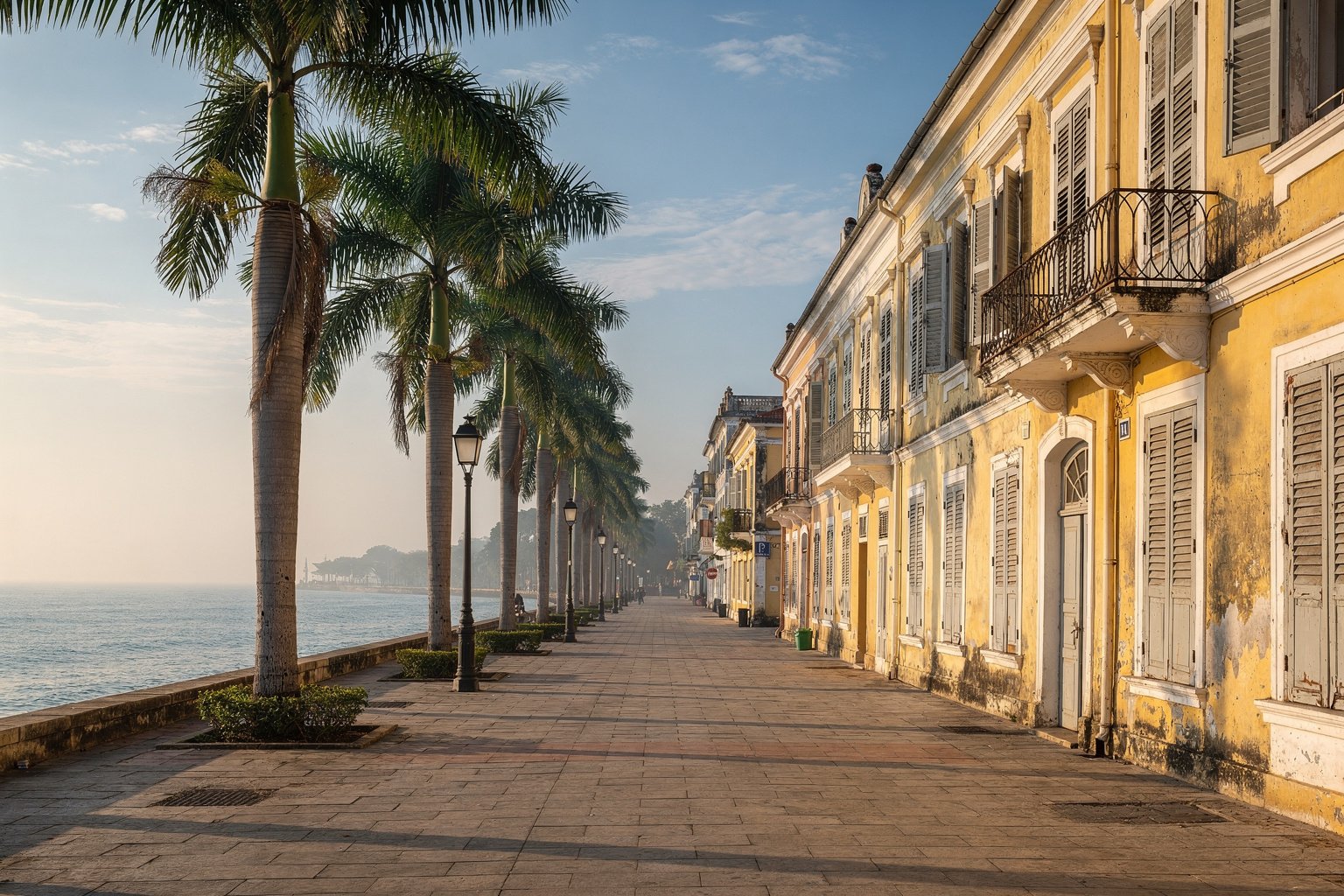Seaside promenade with yellow colonial buildings and palm trees (illustrative image)