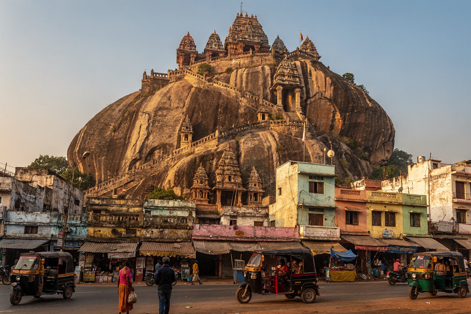 Ancient rock fort temple on a hill above a city in Tamil Nadu (illustrative image)
