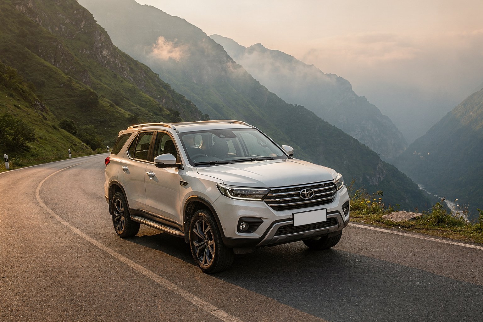 White SUV on a winding mountain road with a green valley (illustrative image)