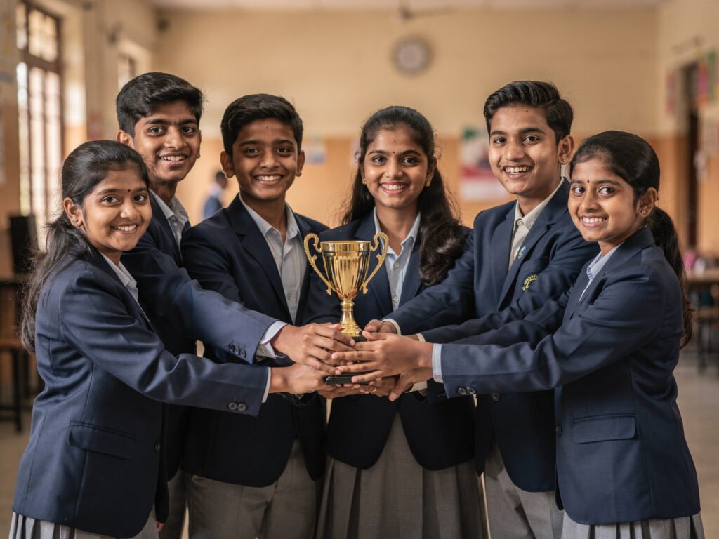 Students celebrating with a golden trophy