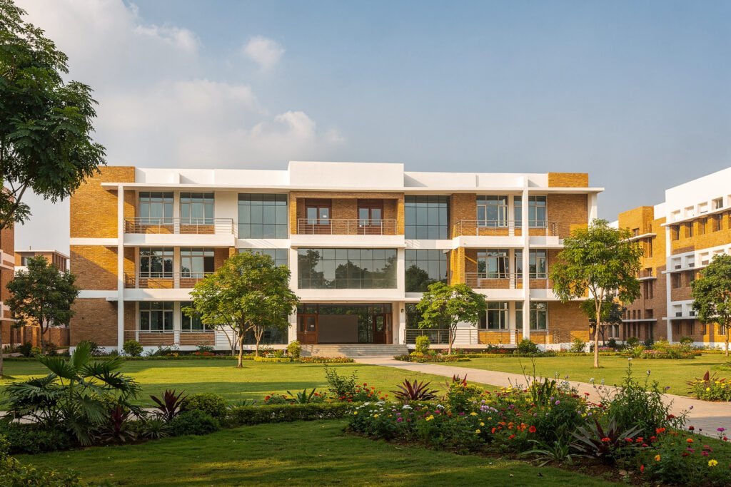 Modern school campus building with lawns and trees