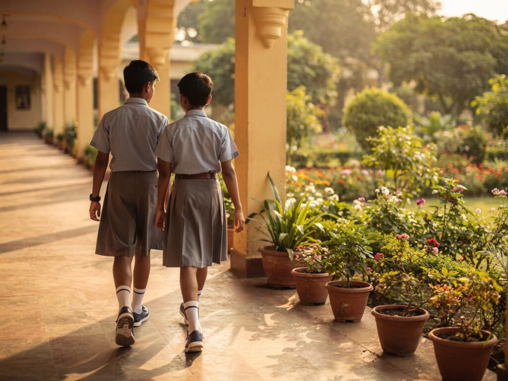 Sunlit school corridor beside a garden