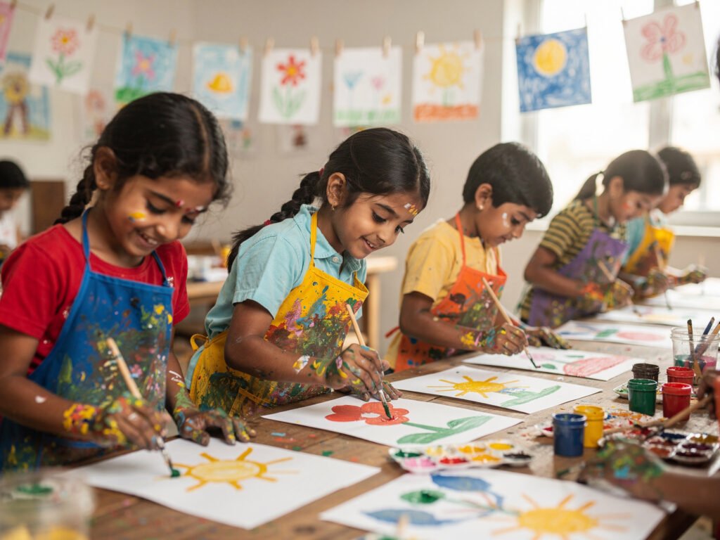 Children painting during an art class