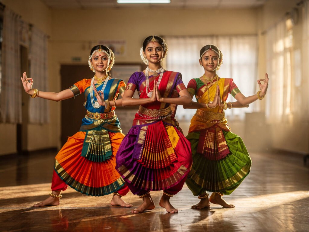 Girls rehearsing a classical dance in a school hall