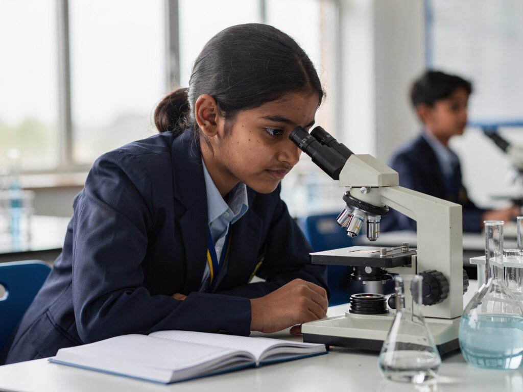 High school student examining a specimen under a microscope
