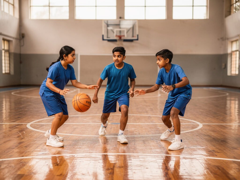 Students playing basketball on an indoor school court