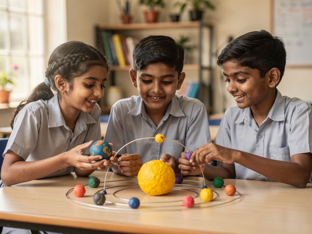 Middle school students building a science model together