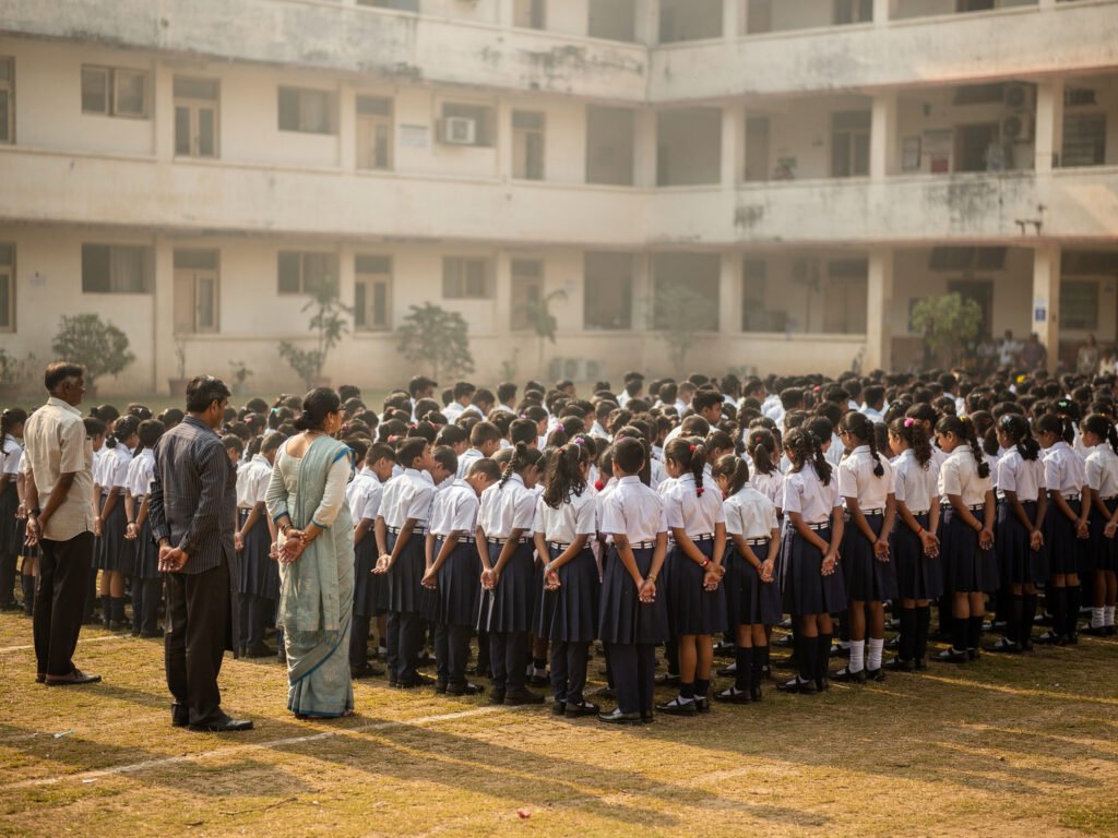 Students at morning assembly on the school ground