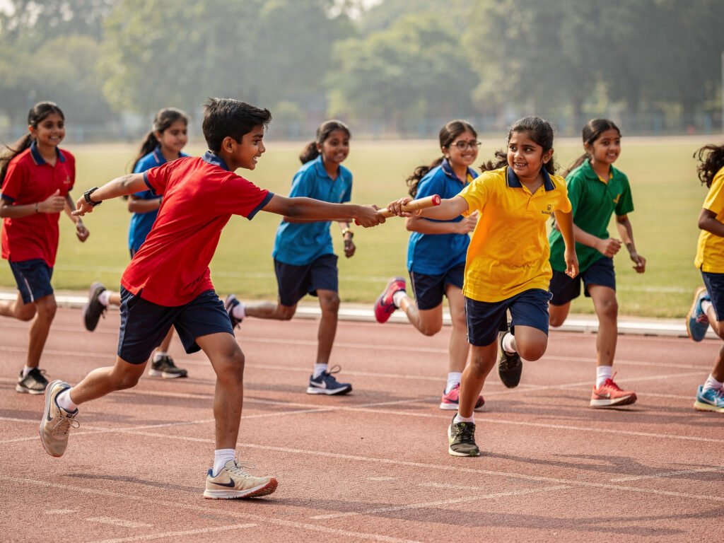 Students running a relay race on the school track