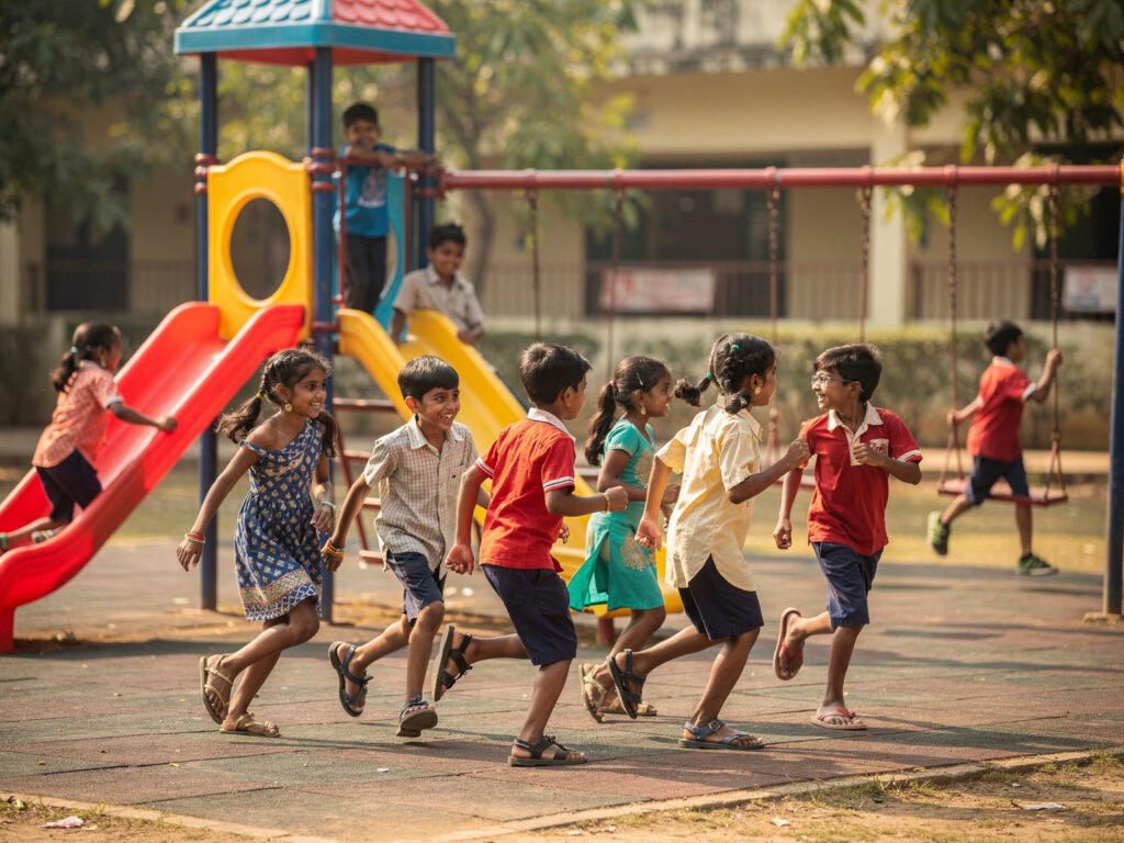 Children playing on a colourful school playground