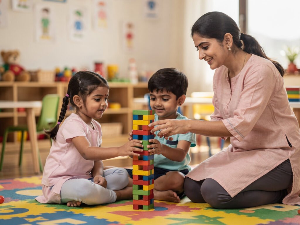 Preschool children playing with colourful building blocks