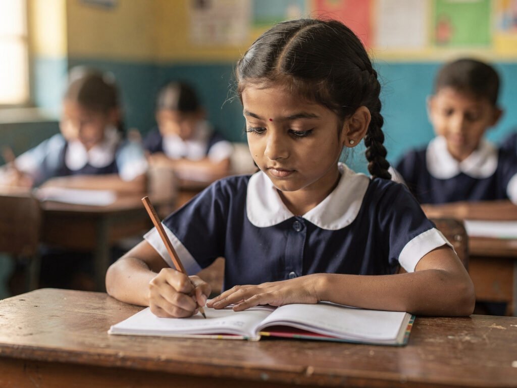 Primary school girl writing in her notebook at her desk