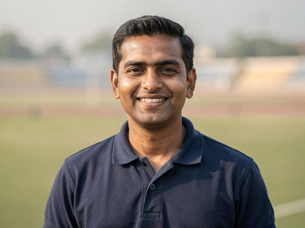 Smiling male teacher in a navy polo shirt on a school sports field (sample portrait)