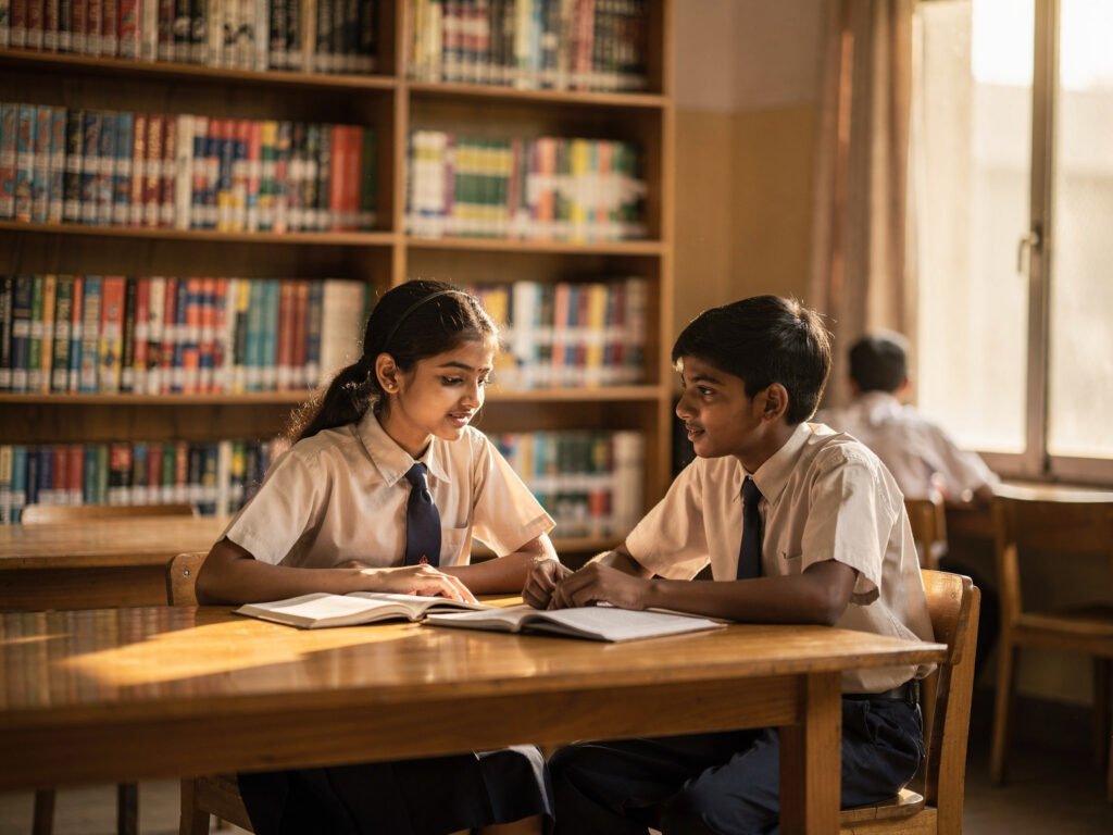 Students reading in a warm school library