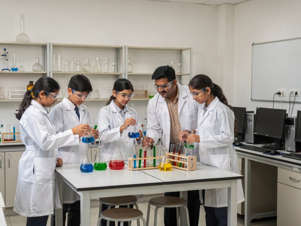 Students working in a school science laboratory