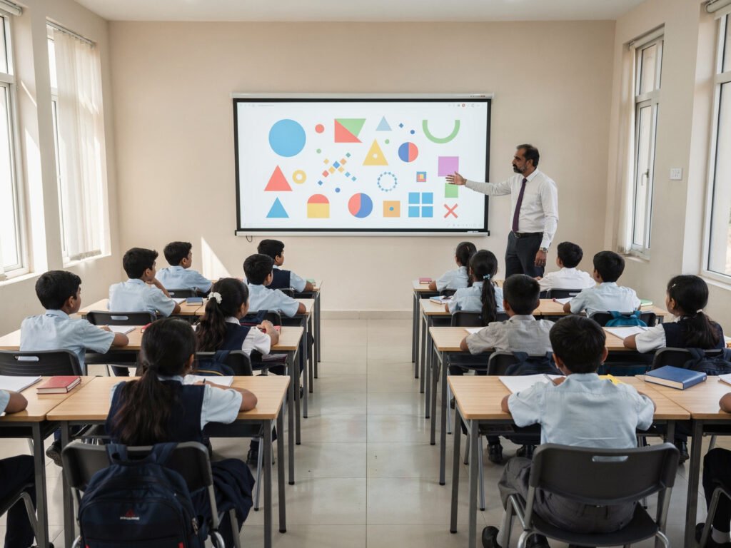 Students in a modern smart classroom with an interactive display