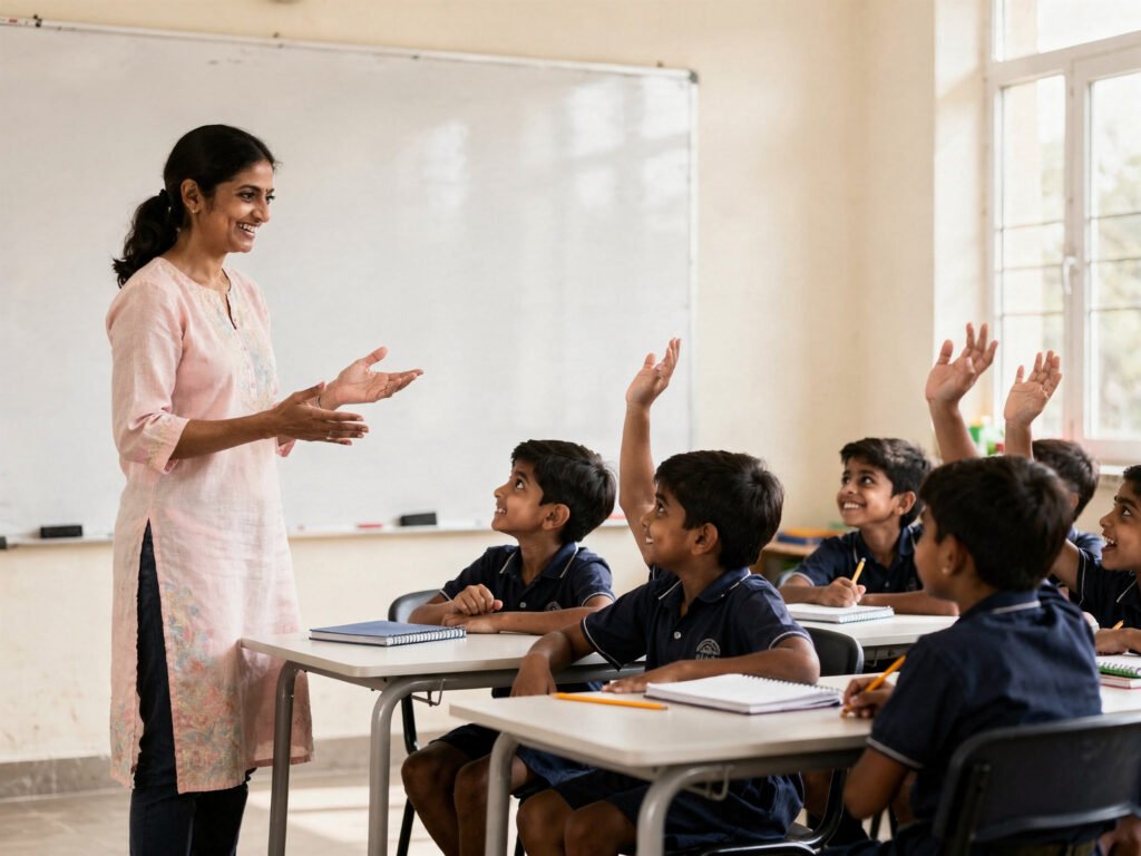 Teacher leading a lively classroom of primary students